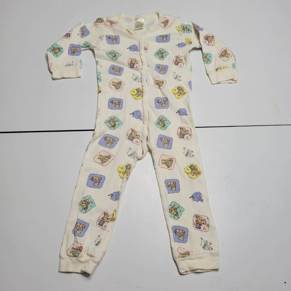 Cherished Teddies Boys One Piece Pajama Beige Teddy Bear 100% Cotton V-Neck XL